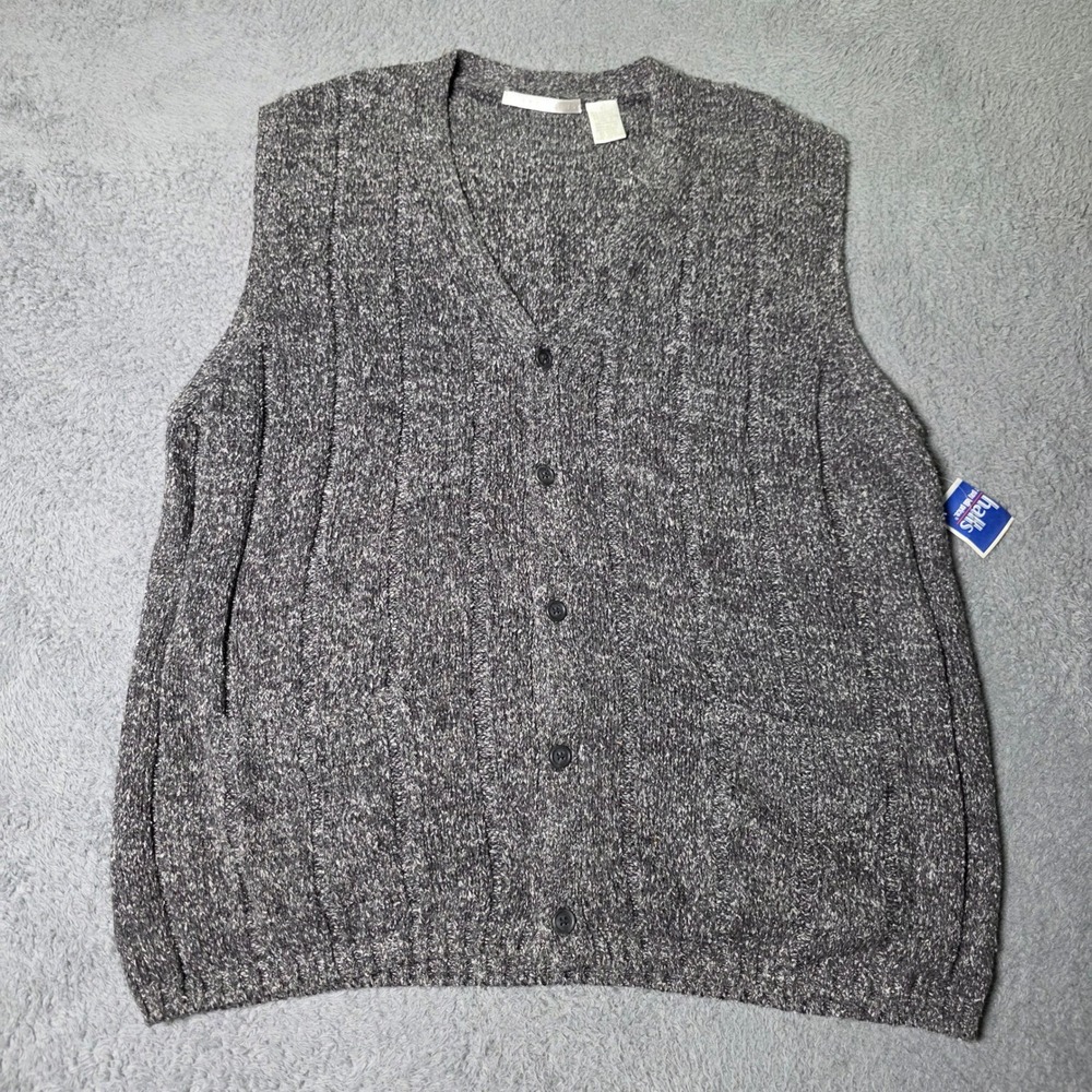 Perry Ellis Mens Large Sweater Vest Grey Marled Button Front V-Neck Pockets